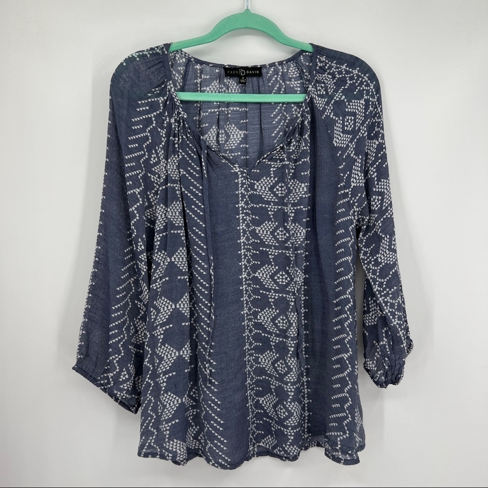 Fred David Geometric Three Quarter Sleeves Scoopneck Drawstring Blue Blouse - Picture 2 of 7